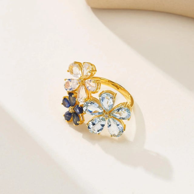 Nina Zhou Jewelry Nina Zhou Aquamarine Moonstone Sapphire Diamond Flower Blossom Cocktail Ring in 14k Yellow Gold, size 9 For Sale - Image 4 of 7