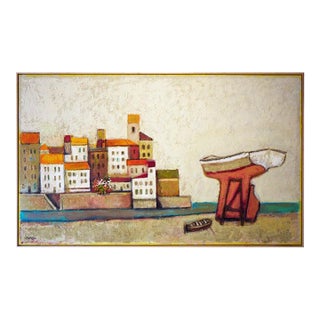 20th Century Warm-Toned Abstract Modern Village by the Ocean With Boats Landscape by David Adickes For Sale