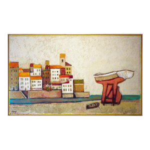 20th Century Warm-Toned Abstract Modern Village by the Ocean With Boats Landscape by David Adickes