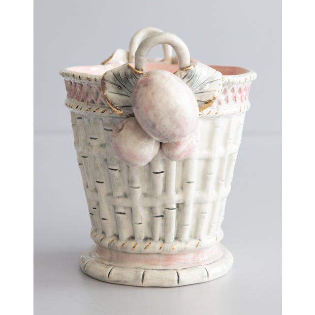 Mid 20th Century Italian Blush Pink Majolica Faux Bamboo & Fruit Wine Cooler Champagne Ice Bucket For Sale In Houston - Image 6 of 13