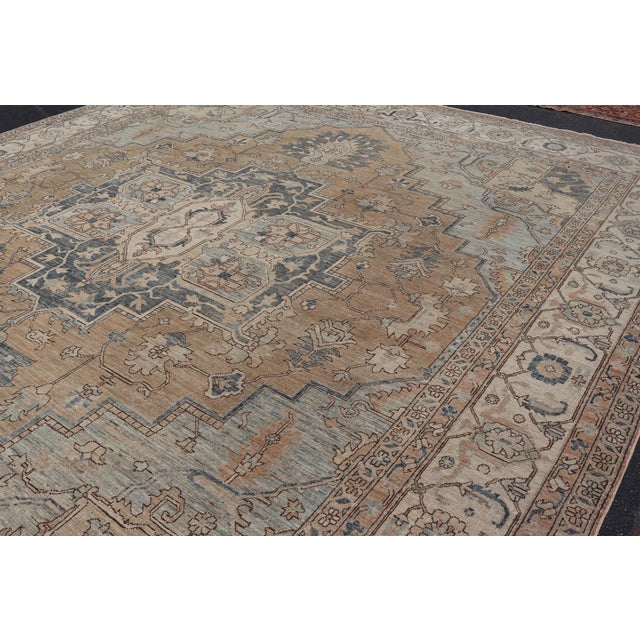 Measures: 12'3 x 14'7 Large Serapi Design Rug with Camel Field and Blue Medallion Pattern. Keivan Woven Arts / Rug/AWR-21,...