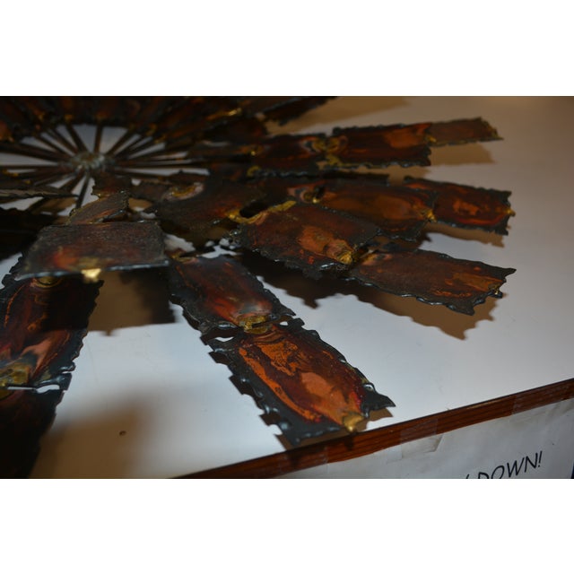 1960s Brutalist Brass / Copper Colored Metal & Iron Jere Style Circular Windmill Wall Hanging Art For Sale - Image 5 of 13