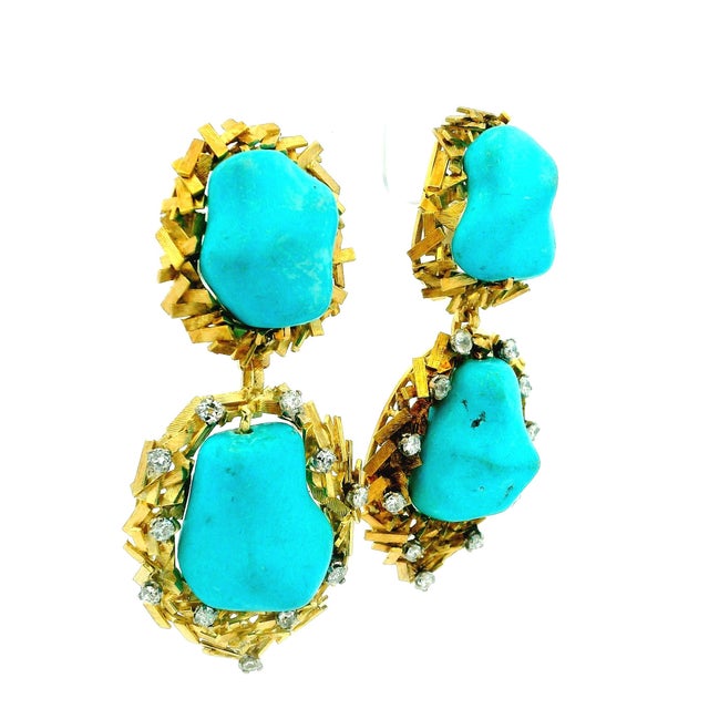 Brutalist Italian Modernist Turquoise Diamond Textured Gold Earrings, Circa 1970s, A Pair For Sale - Image 3 of 12