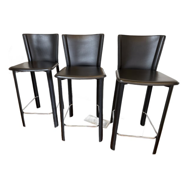 Late 20th Century Italian Frag Black Leather Countertop Stools, Set of 3 For Sale