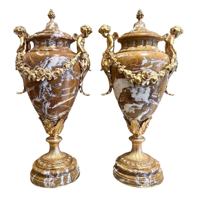 Napoleon III Marble Urns Decorated with Putti, Set of 2 For Sale