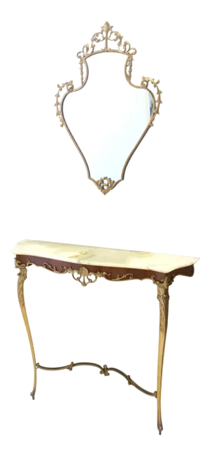 Wall Mirror and Console Table with Onyx Top and Brass Frame, 1960s, Set of 2