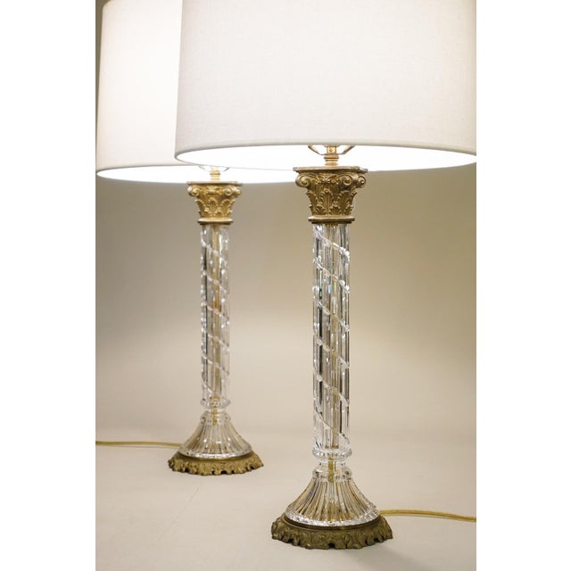 Waterford Large Matched Pair Waterford Crystal French Empire Corinthian Column Brass Table Lamps 1960's For Sale - Image 4 of 13