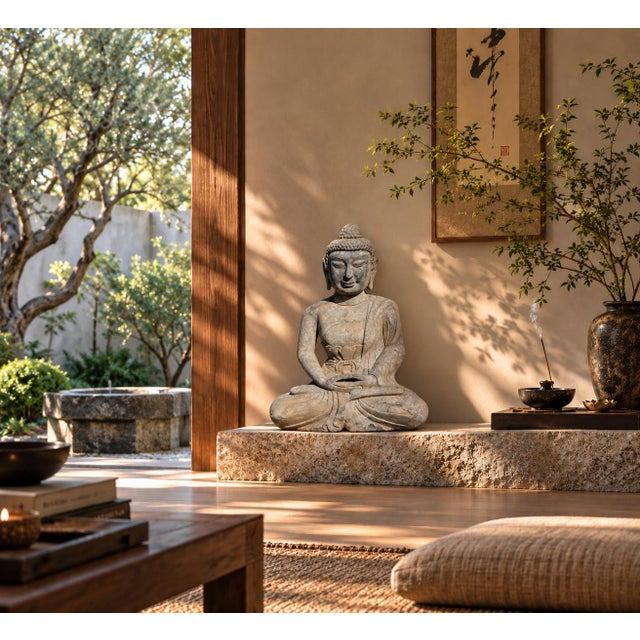 A beautifully 19th century stone Buddha seated in dhyana asana, with hands resting gracefully in the lap in dhyana mudra,...