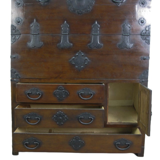 Two Part Dark Brown Antique Korean Cabinet Chest For Sale - Image 11 of 13