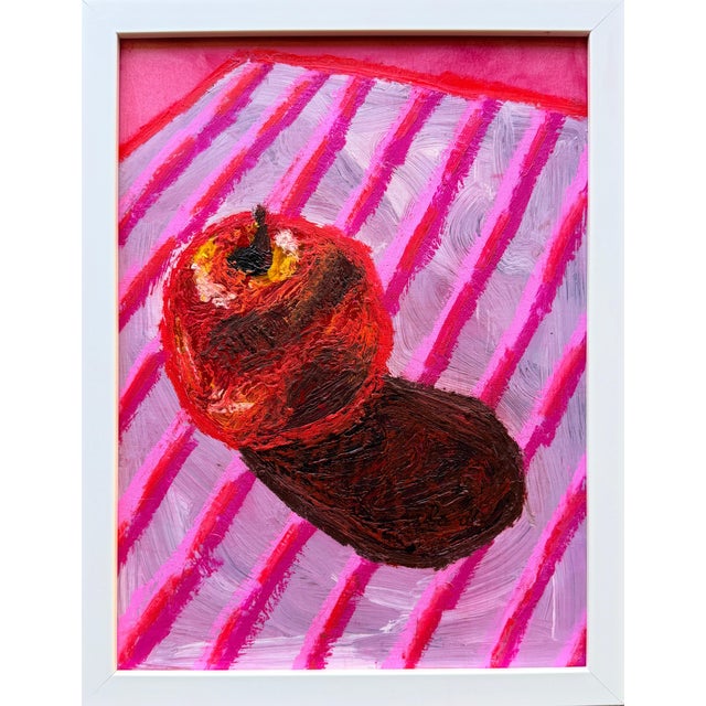 This original contemporary still life painting features a single apple rendered in expressive, painterly acrylic...