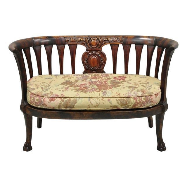 Antique Victorian Carved Mahogany Paw Foot Barrel Back Settee Loveseat Sofa For Sale