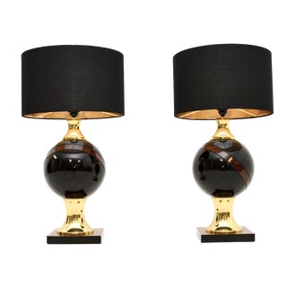 Vintage Italian Walnut and Brass Table Lamps, 1970, Set of 2 For Sale
