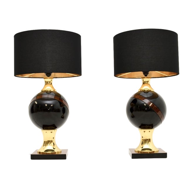 Vintage Italian Walnut and Brass Table Lamps, 1970, Set of 2 For Sale