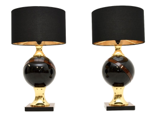 Vintage Italian Walnut and Brass Table Lamps, 1970, Set of 2