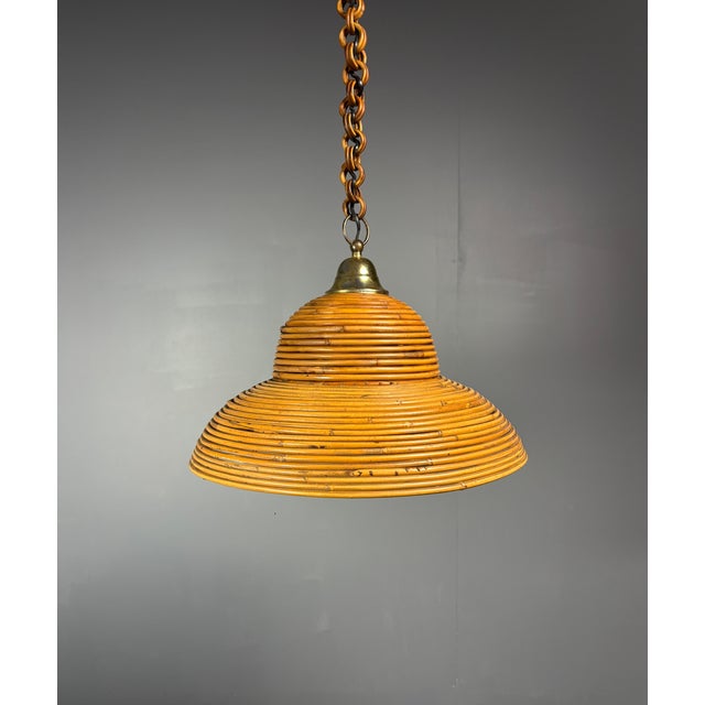 1970s Mid-Century Italian Pencil Reed Rattan Bamboo and Brass Pendant Lamp, 1970s For Sale - Image 5 of 17
