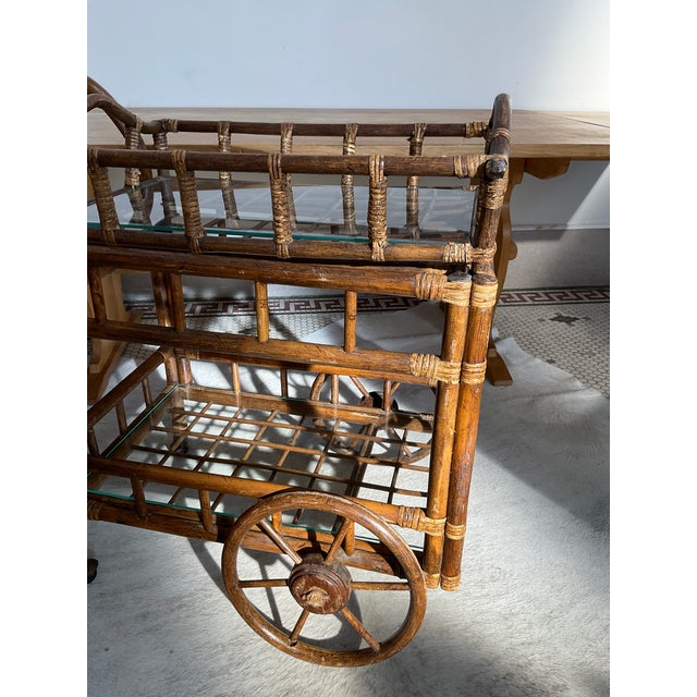 Vintage Bamboo Bar Cart With Glass Shelve & Removable Tray For Sale - Image 10 of 18