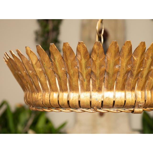 Vintage Spanish Gilt Metal Crown Chandelier with Frosted Glass and Leaf Motifs For Sale - Image 12 of 12