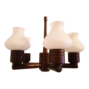 1970s Vintage Danish Hanging Lamp in Wood and Opaline Glass