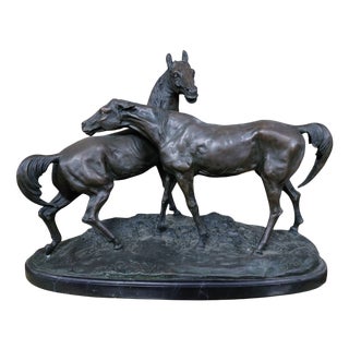 Pierre Jules Mène, Sculpture with Horses, 1800s, Bronze & Marble For Sale