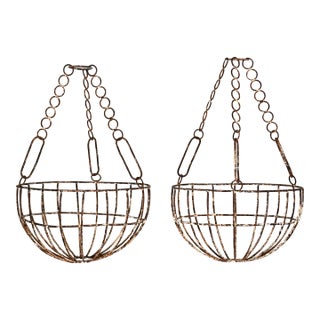 Antique Round Chippy Shabby Chic Hanging Planter Baskets - A Pair (2) For Sale
