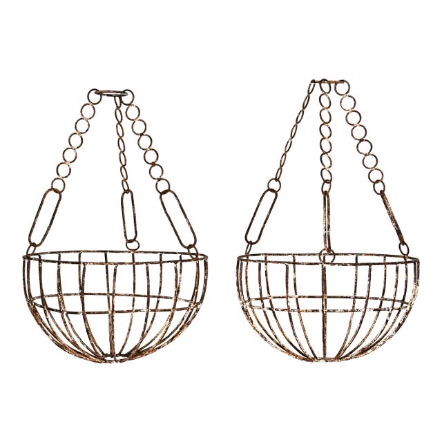 Antique Round Chippy Shabby Chic Hanging Planter Baskets - A Pair (2) For Sale