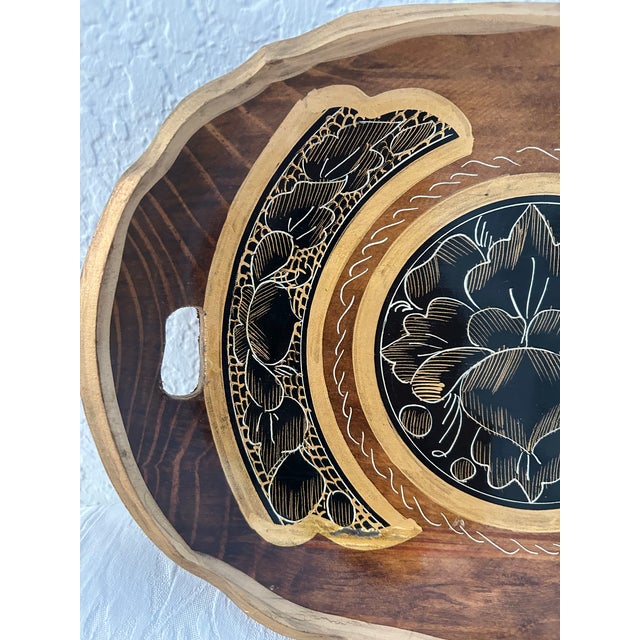 Midcentury Black & Gold Floral Mexican Batea Bowl For Sale - Image 4 of 5