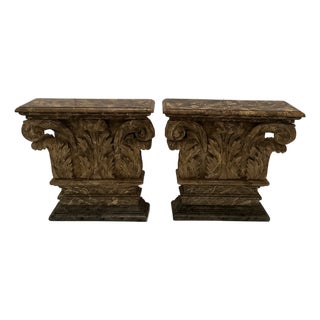 Vintage Hand Carved Wood Marbleized Consoles -a Pair For Sale