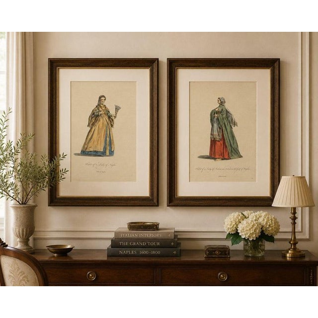 Grand Tour Italian Costume Prints, Naples & Ischia Ladies, Set of 2, 1749 An elegant pair of hand-colored antique costume...