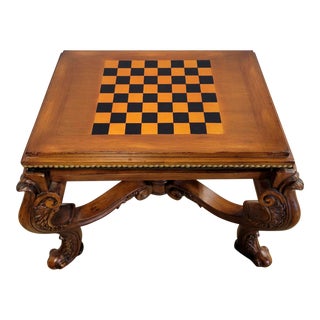 Vintage Black Leather Walnut Ottoman With Game Board Flip Table Top For Sale