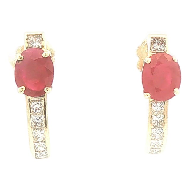 Late 20th Pair of Ruby and Diamond J Shaped Hoops For Sale