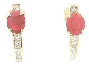 Late 20th Pair of Ruby and Diamond J Shaped Hoops
