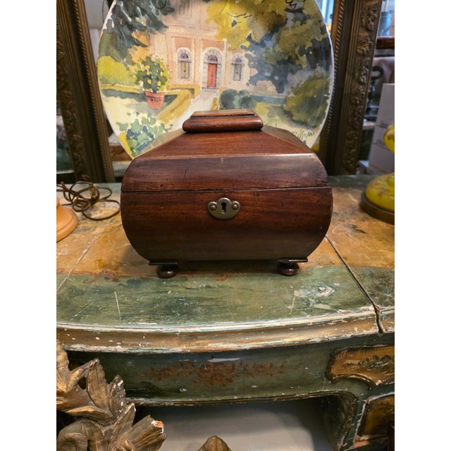 Unusual rounded form body tea caddy lacking interior lids and a key.