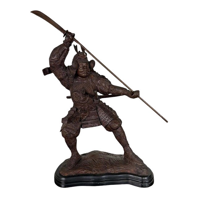 Japanese Bronze Samurai Warrior Sculpture With Spear, Early 20th Century For Sale