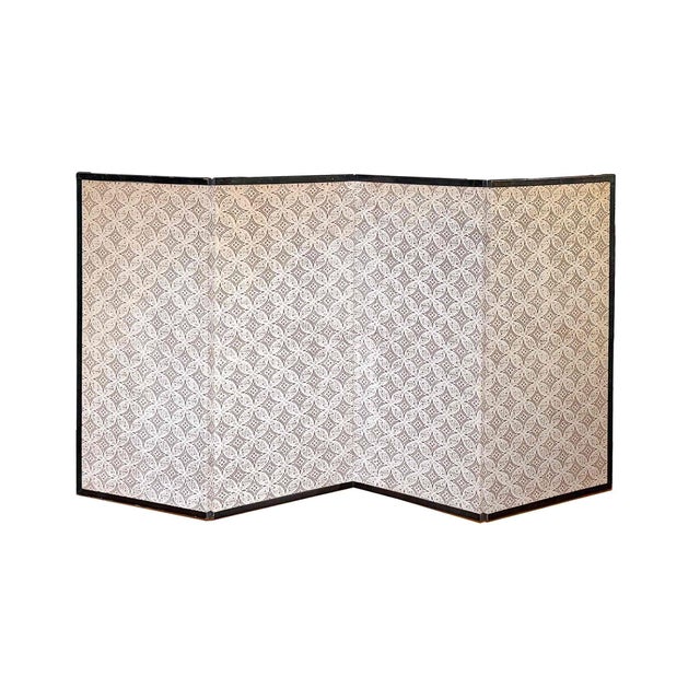 Vintage Japanese four-panel byōbu folding screen featuring a hand-painted scene on silk, depicting cherry blossoms...