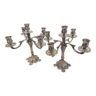 Vintage Ornate Silver Plated 5 Arm Candelabras For Sale