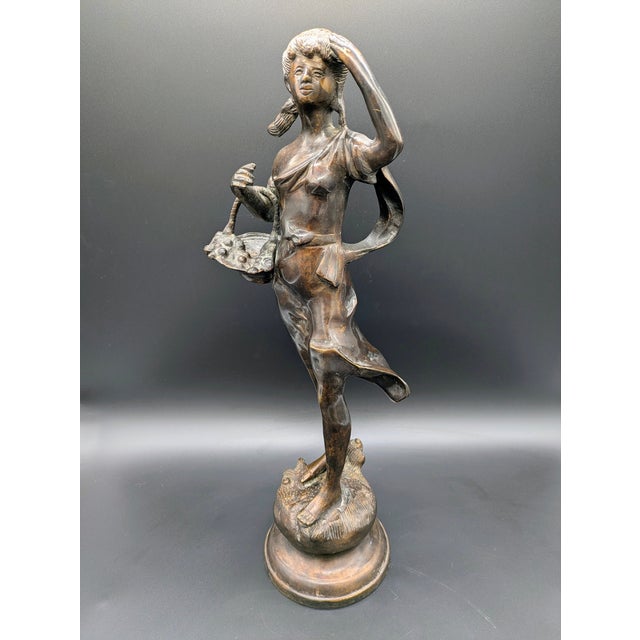 Traveling Man Treasures is selling this 14.5" antique Italian bronze sculpture of a young girl carrying a fruit basket....