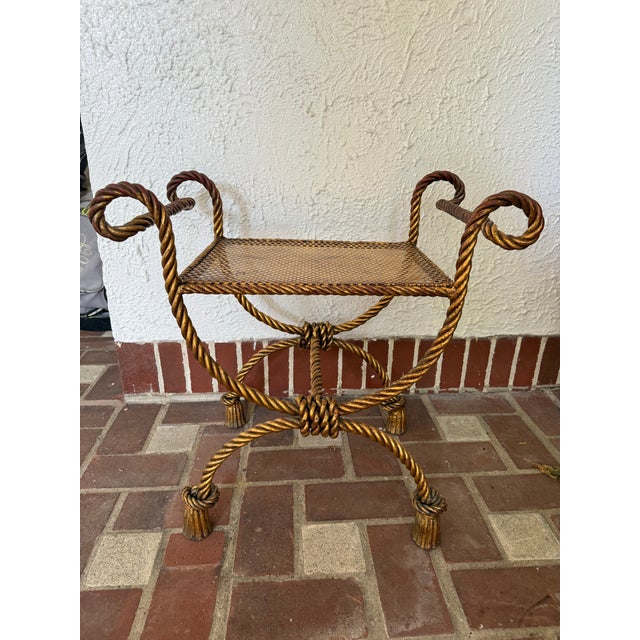Hollywood Regency 1950s An Italian Hollywood Regency Gilded Faux Rope Curule Stool For Sale - Image 3 of 10