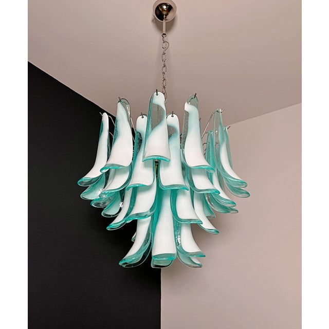 1990s Italian Vintage Murano Chandelier with 36 Lattimo Turquoise Glass Petals from Mazzega, 1990 For Sale - Image 5 of 18
