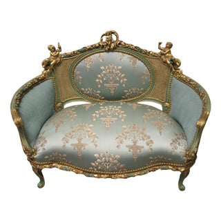 French Green and Gold Boudoir Sofa in Silk For Sale