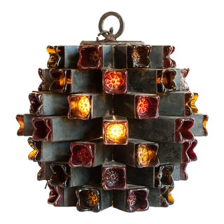 Mid-Century Modern Felipe Delfinger for Feders Artichoke Stained Glass & Steel Pendant For Sale