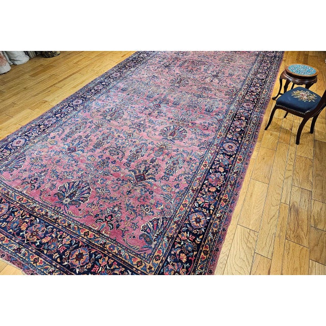 Textile Antique Oversized Persian Manchester Kashan Rug, Hand-Knotted Wool, Floral Pattern, 10x20, Burgundy & Blue For Sale - Image 7 of 18