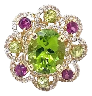 6.20 Carat Peridot Garnet White Sapphire Yellow Gold Cocktail Ring