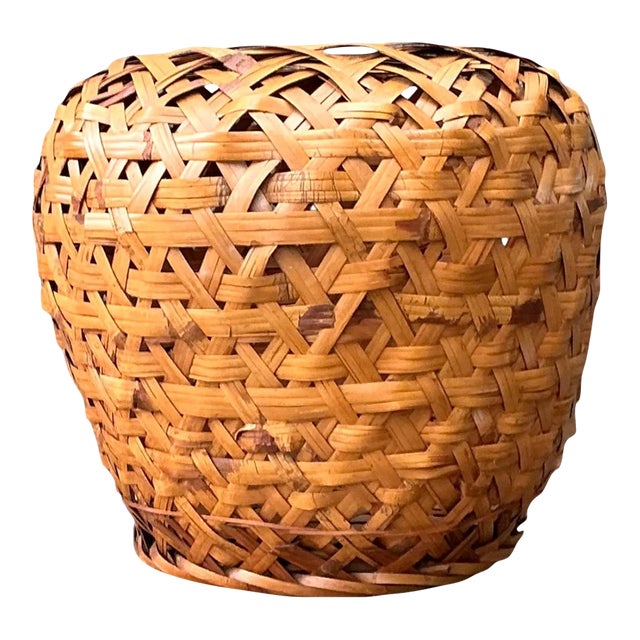 Vintage Woven Rattan Floor Basket For Sale