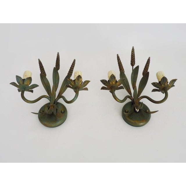 Antique Wheat Sheaf Wall Sconces in Gold and Green Metal, 1980s, Set of 2 For Sale - Image 4 of 11