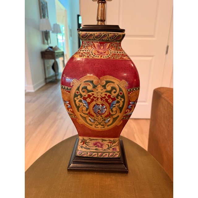 Wood Late 20th Century Hand-Painted Oxblood Red Asian Chinoiserie Ceramic Table Lamp With Shade For Sale - Image 7 of 9