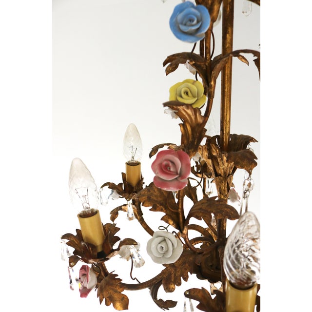 Italian Tôle Chandelier with Ceramic Roses and Crystal Pendants, 1950s For Sale - Image 4 of 13