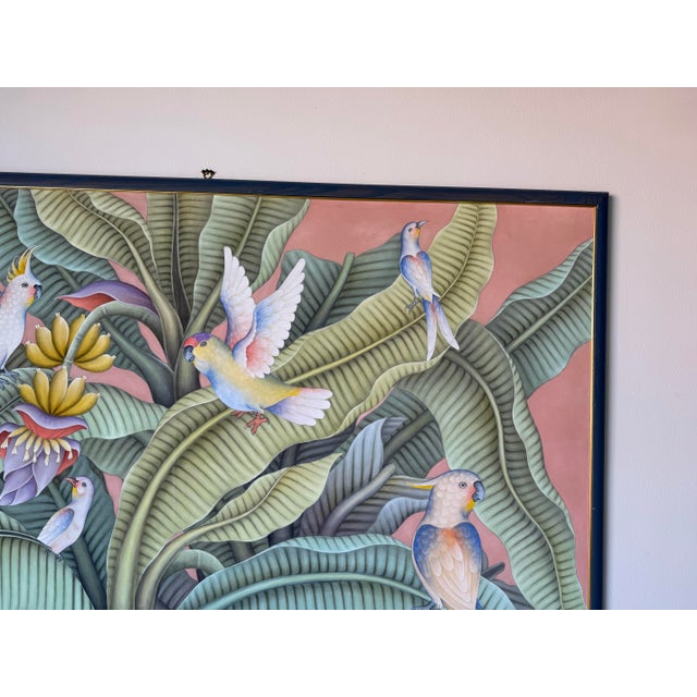 Wood Oversize- Vintage Balinese Tropical Birds & Banana Leaf Acrylic Painting on Canvas For Sale - Image 7 of 14