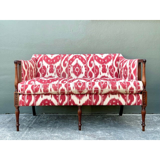 Wood Vintage Ikat Print Georgian Loveseat For Sale - Image 7 of 12