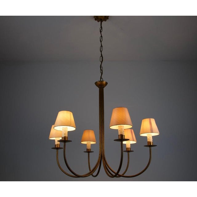 Cream Large Brass Six-Arm Chandelier with Fabric Shades, Germany, 1970s For Sale - Image 8 of 10