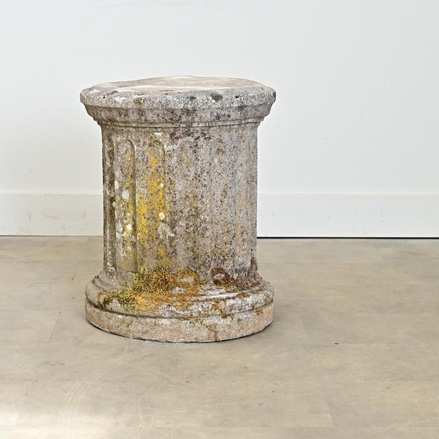 An infinitely useful English, late 19th century, cast stone pedestal for Neoclassical beauty in any garden or patio,...